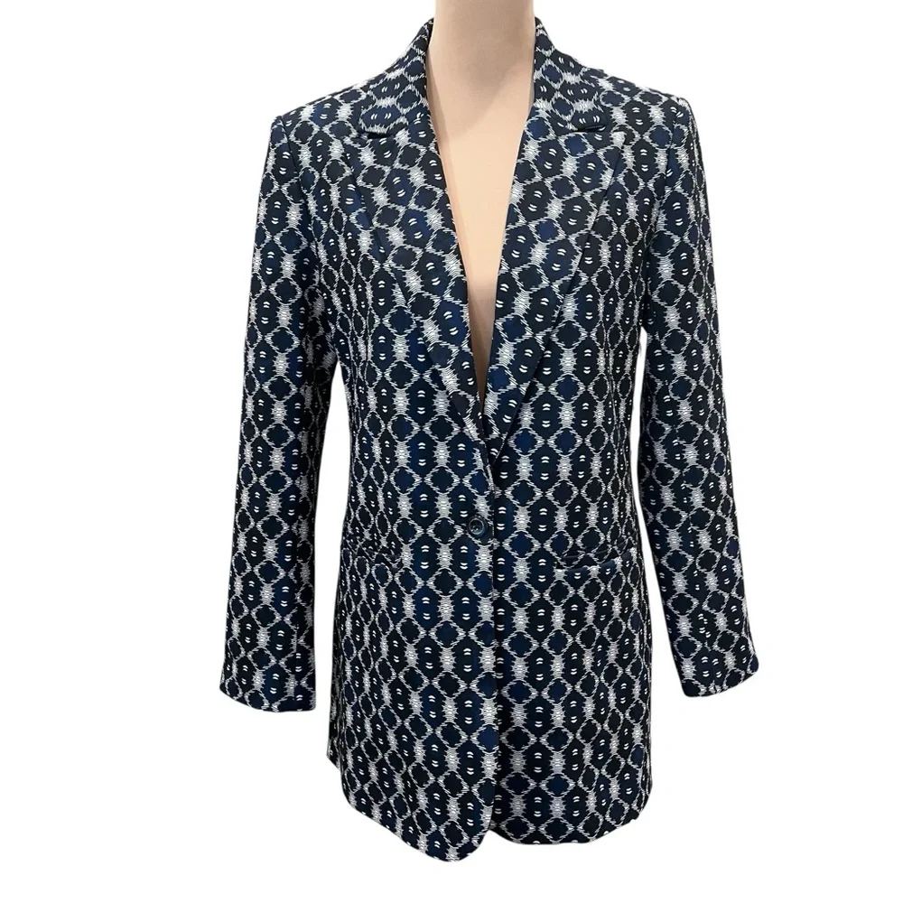 Liverpool Boyfriend Blazer Geometric Batik Button Front Jacket Blue White S NWT